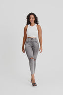 WRUP SNUG Curvy Ripped Jeans - High Waisted - 7/8 Length - Grey Stonewash + Grey Stitching