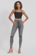 WRUP SNUG Ripped Jeans - High Waisted - Full Length - Grey Stonewash + Grey Stitching