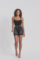 WRUP SNUG Jeans - 3 Button High Waisted - Shorts - Black + Black Stitching