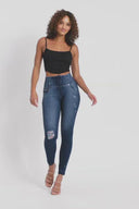 WRUP SNUG Distressed Jeans - High Waisted - Full Length - Dark Blue + Blue Stitching