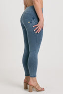 WRUP Denim - High Waisted - 7/8 Length - Light Blue + Blue Stitching