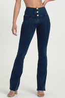 WRUP Denim - High Waisted - Bell Bottom Flare - Dark Blue + Blue Stitching