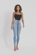 WRUP SNUG Distressed Jeans - High Waisted - Full Length - Light Blue + Yellow Stitching