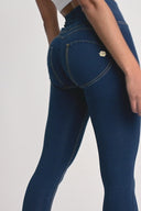 WRUP Denim - High Waisted - 7/8 Length - Dark Blue + Yellow Stitching