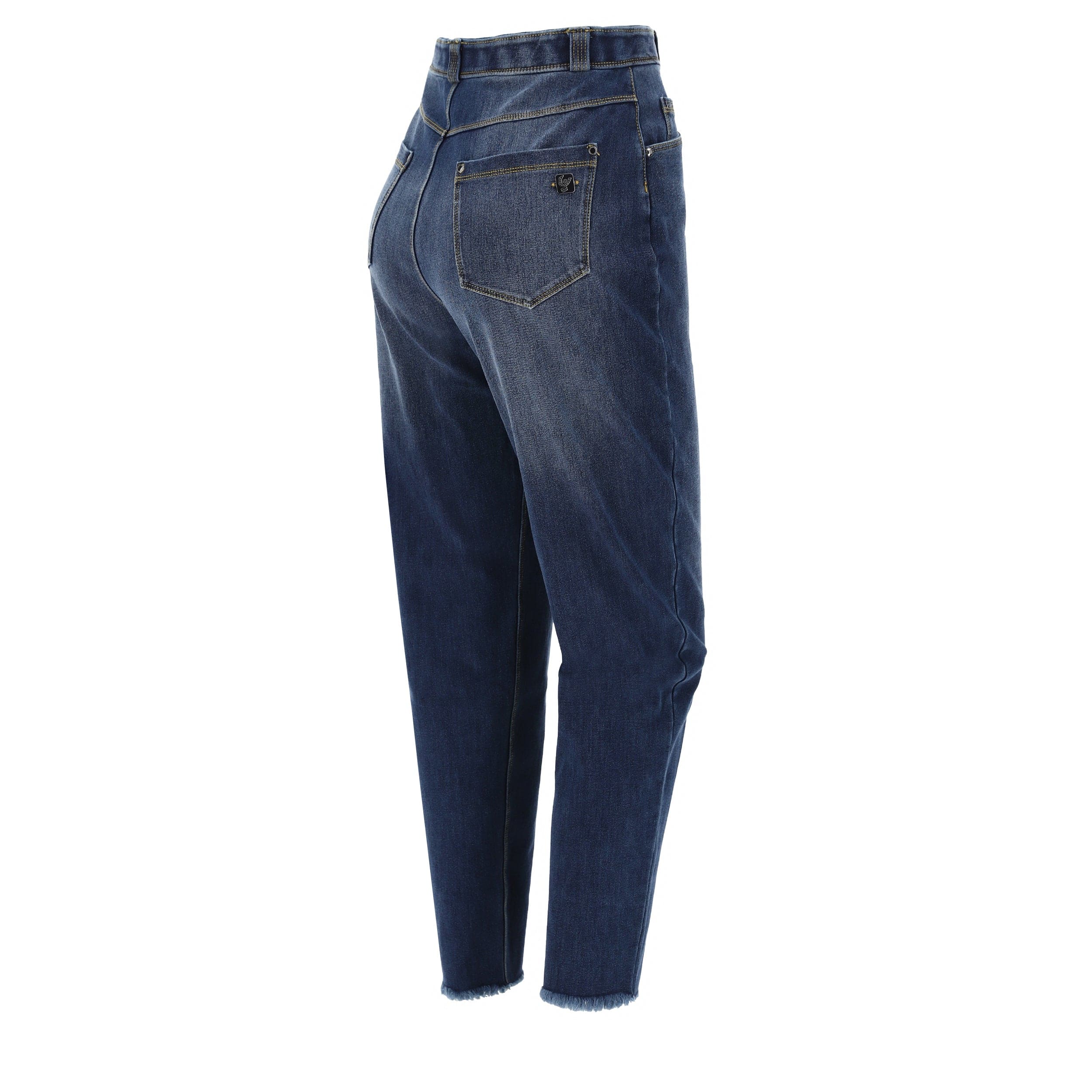 BLACK Denim Mum Jeans - High Waist - 7/8 Length - Dark Blue + Yellow Stitching 1