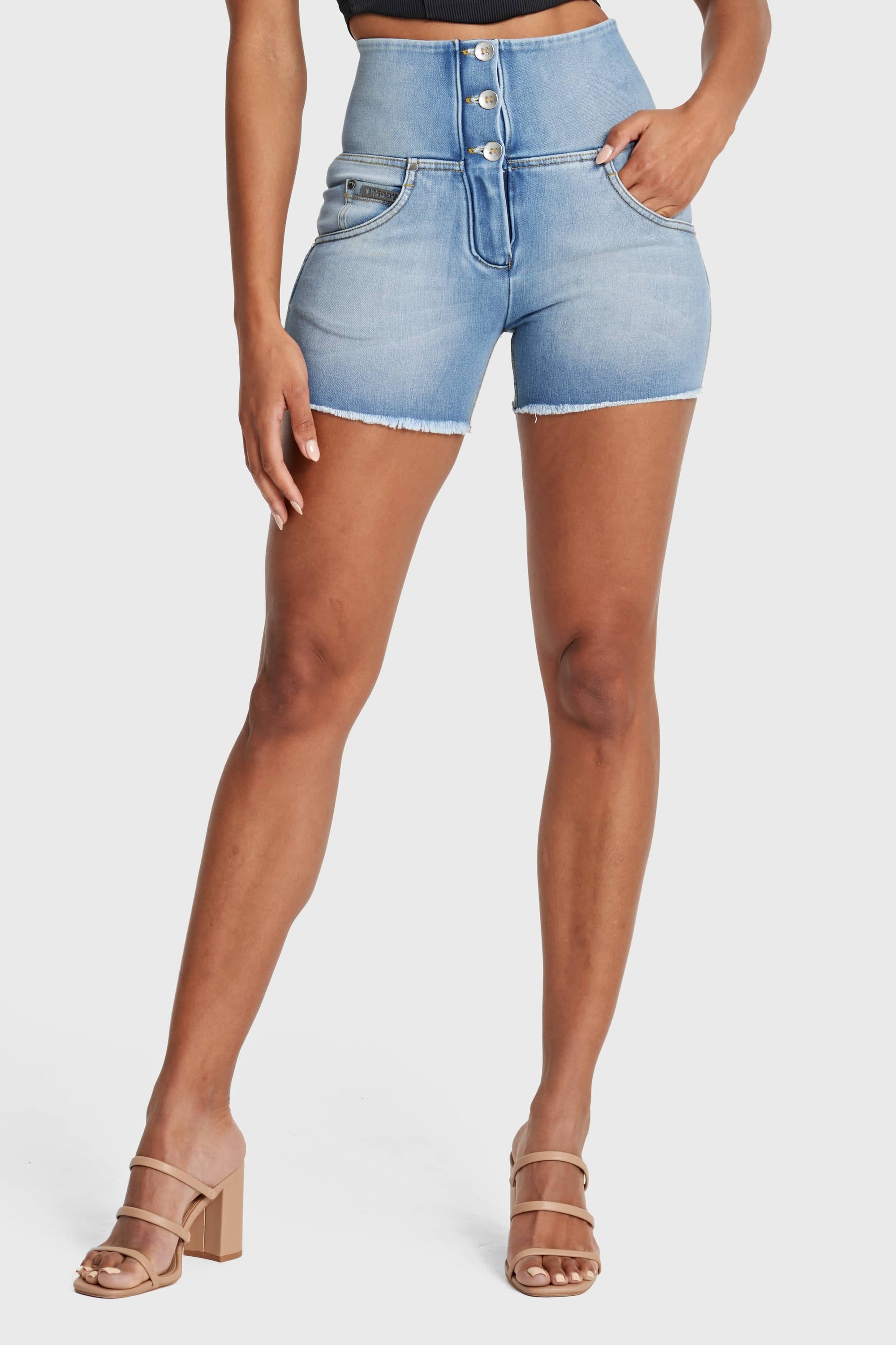 WR.UP® Snug Jeans - 3 Button High Waisted - Shorts - Light Blue + Yellow Stitching 3