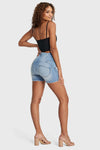WR.UP® Snug Jeans - 3 Button High Waisted - Shorts - Light Blue + Yellow Stitching 6