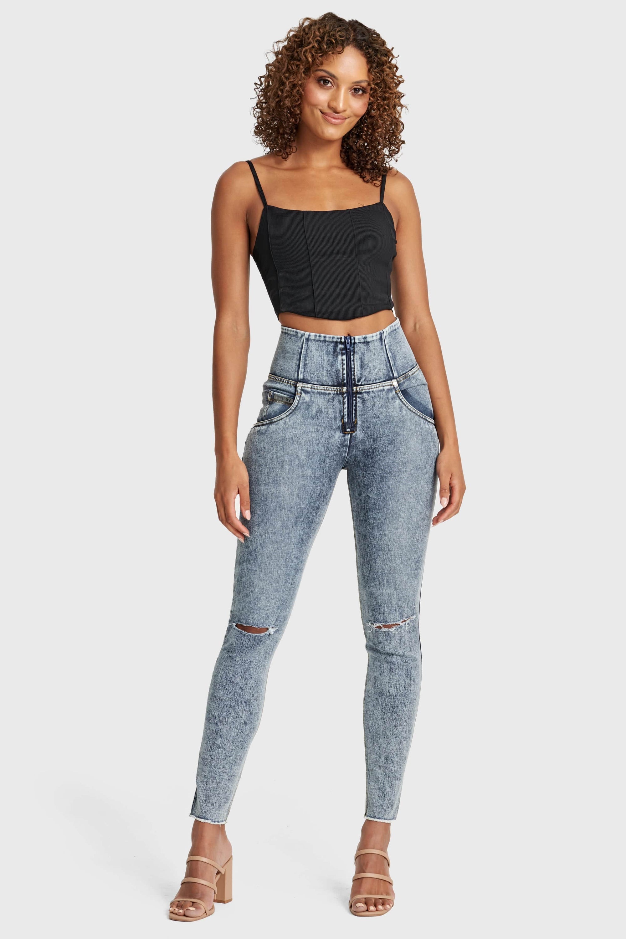 WR.UP® Snug Ripped Jeans - High Waisted - Full Length - Blue Stonewash + Yellow Stitching 5