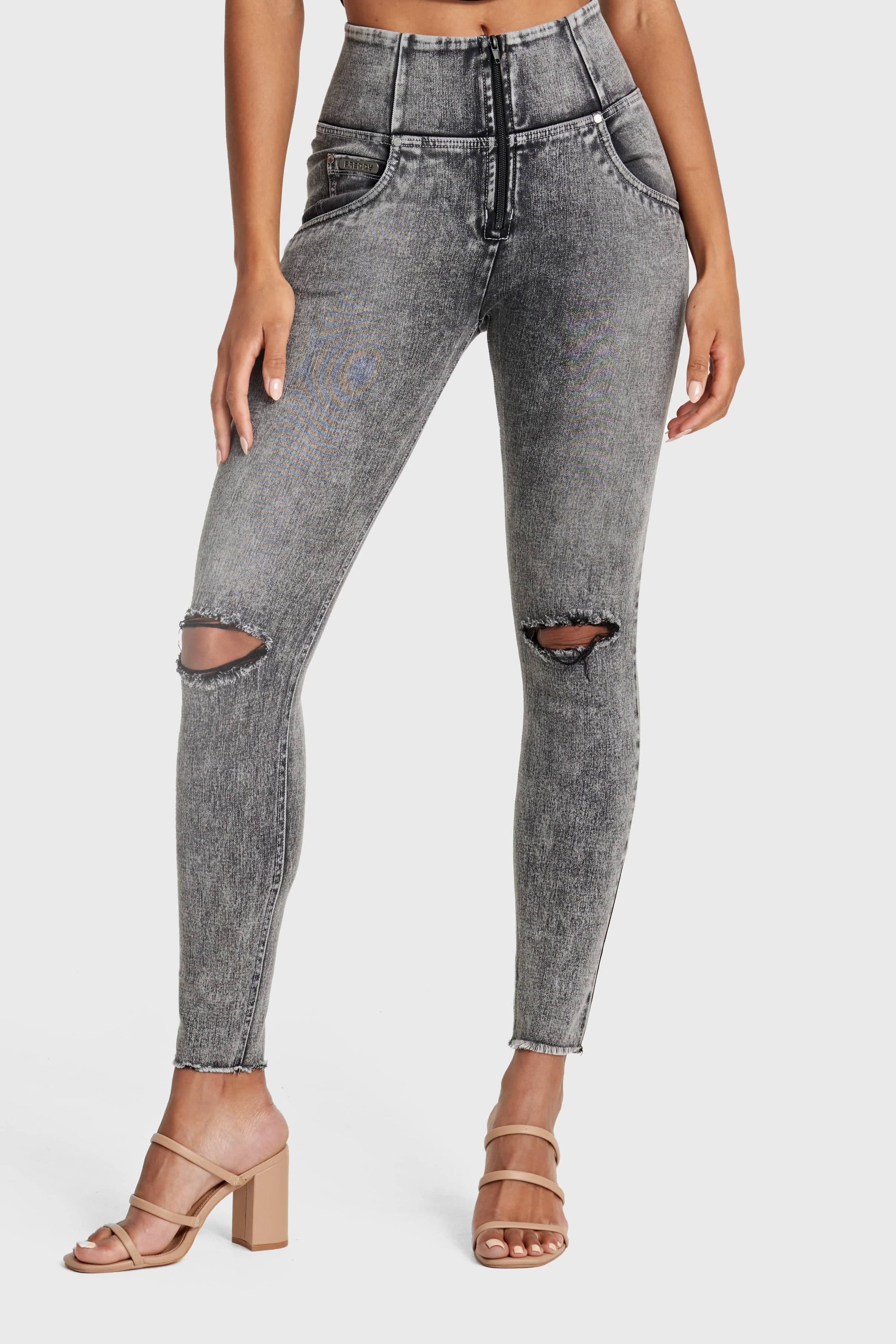 WR.UP® Snug Ripped Jeans - High Waisted - Full Length - Grey Stonewash + Grey Stitching 2