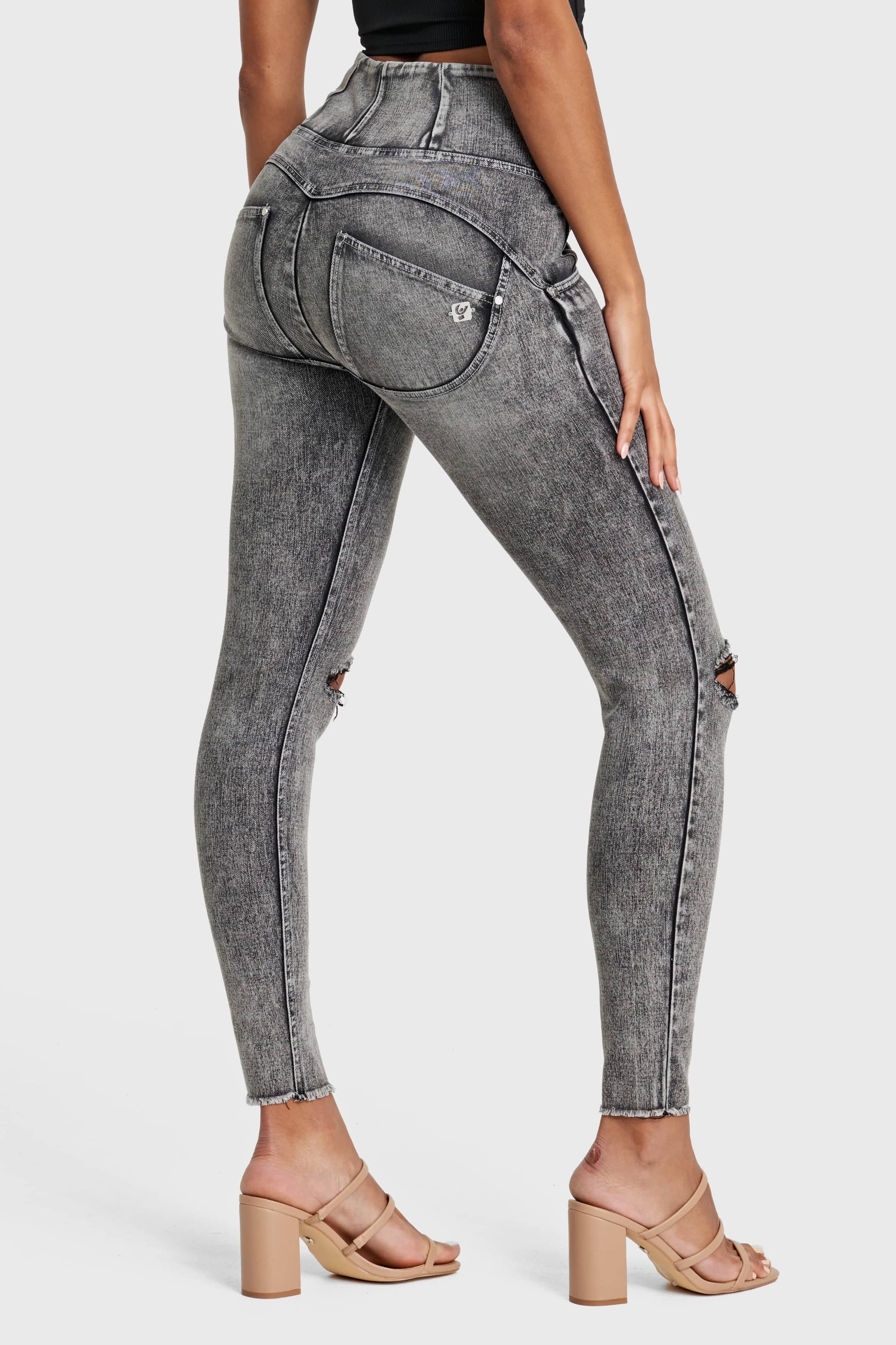WR.UP® Snug Ripped Jeans - High Waisted - Full Length - Grey Stonewash + Grey Stitching 11
