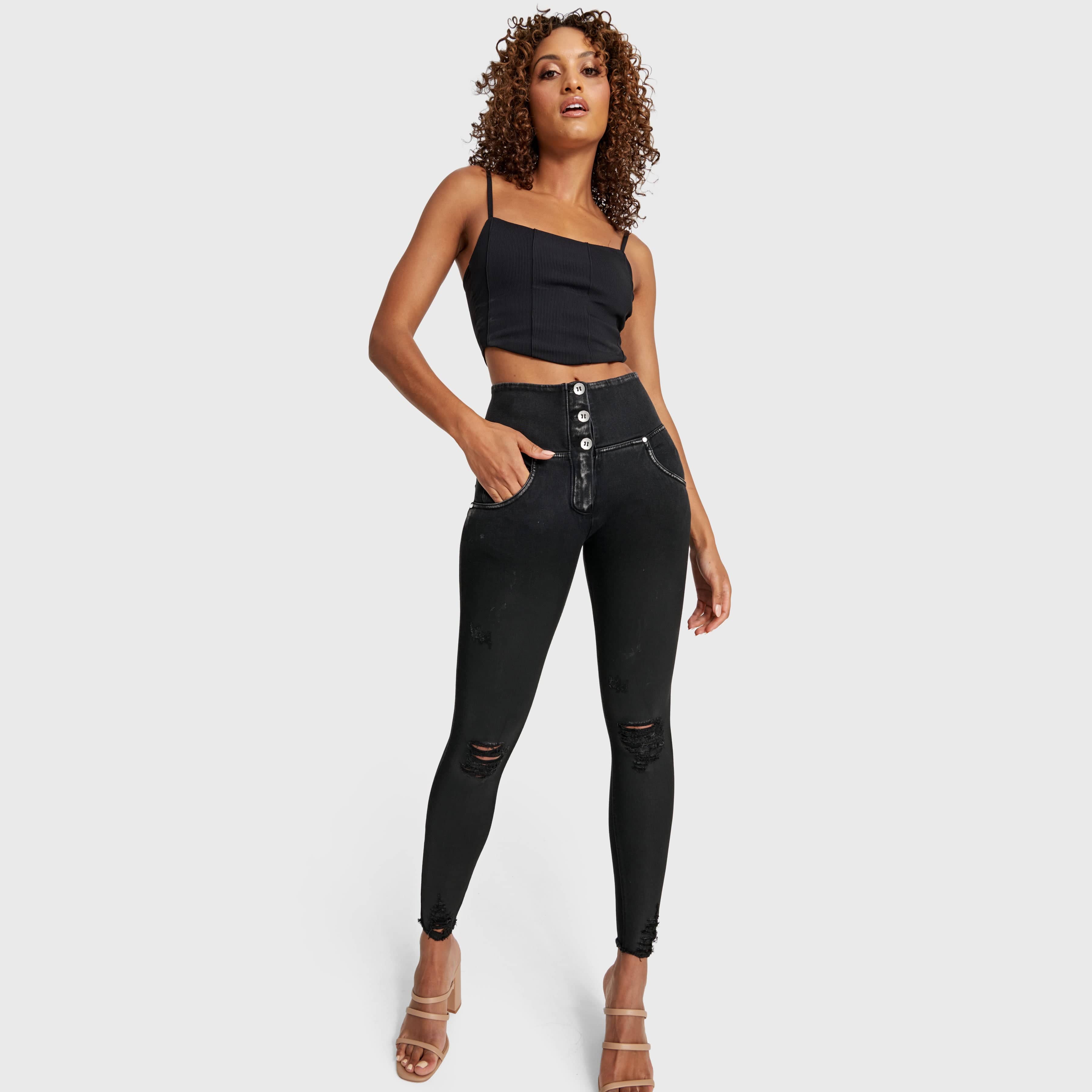 WR.UP® Snug Ripped Jeans - High Waisted - Full Length - Coated Black + Black Stitching 3