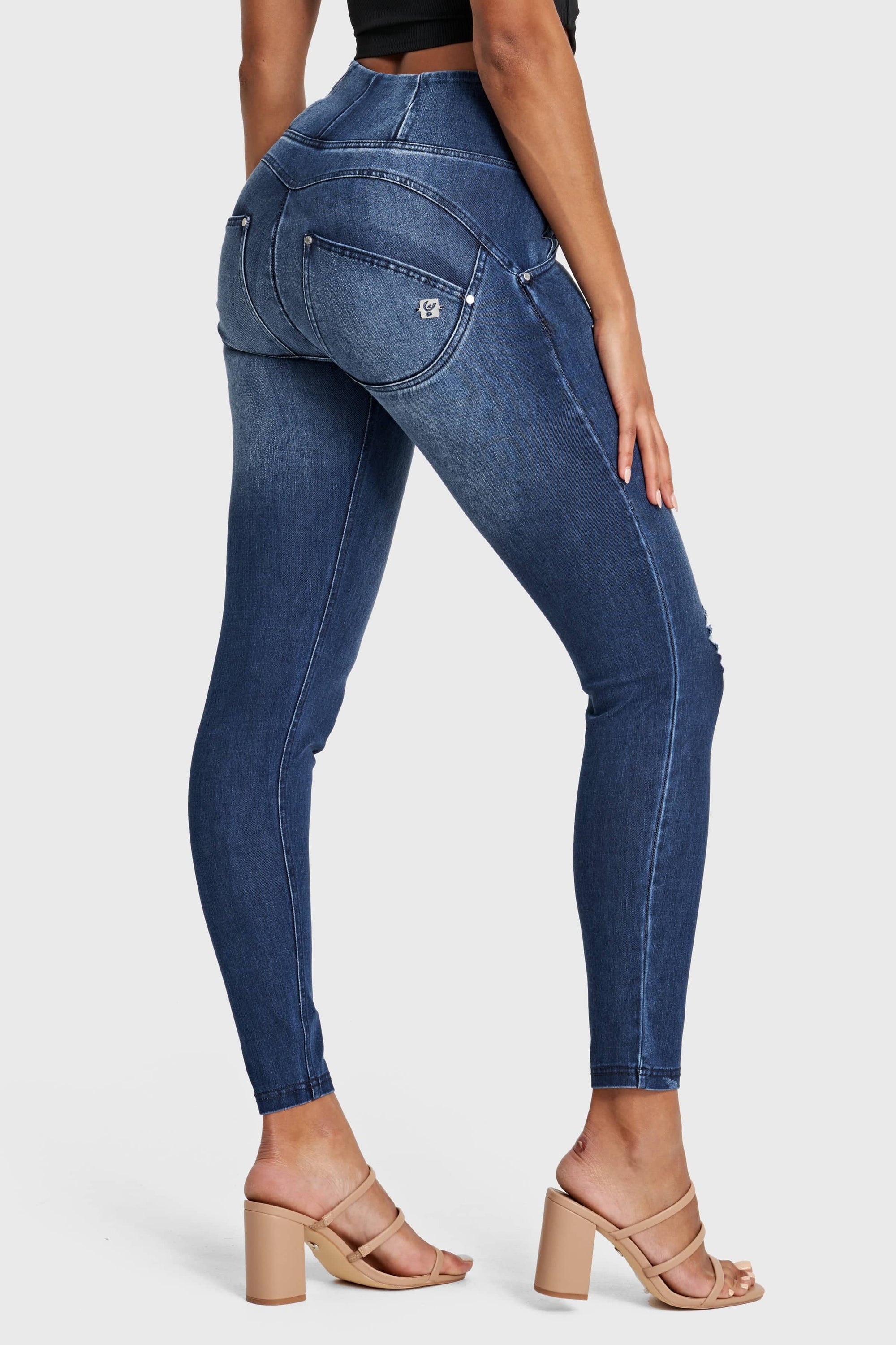 WR.UP® Snug Distressed Jeans - High Waisted - Full Length - Dark Blue + Blue Stitching 10