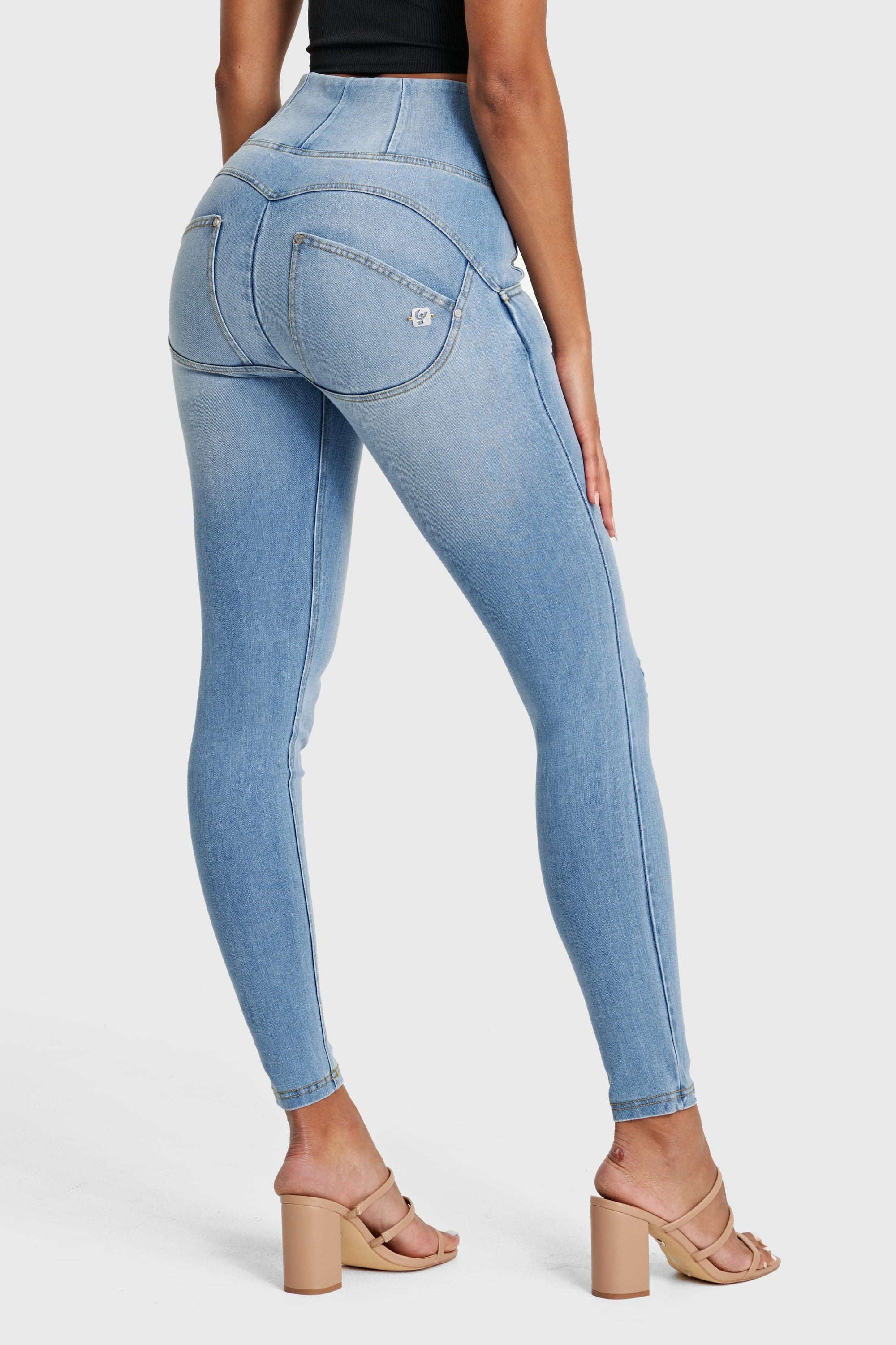 WR.UP® Snug Distressed Jeans - High Waisted - Full Length - Light Blue + Yellow Stitching 7