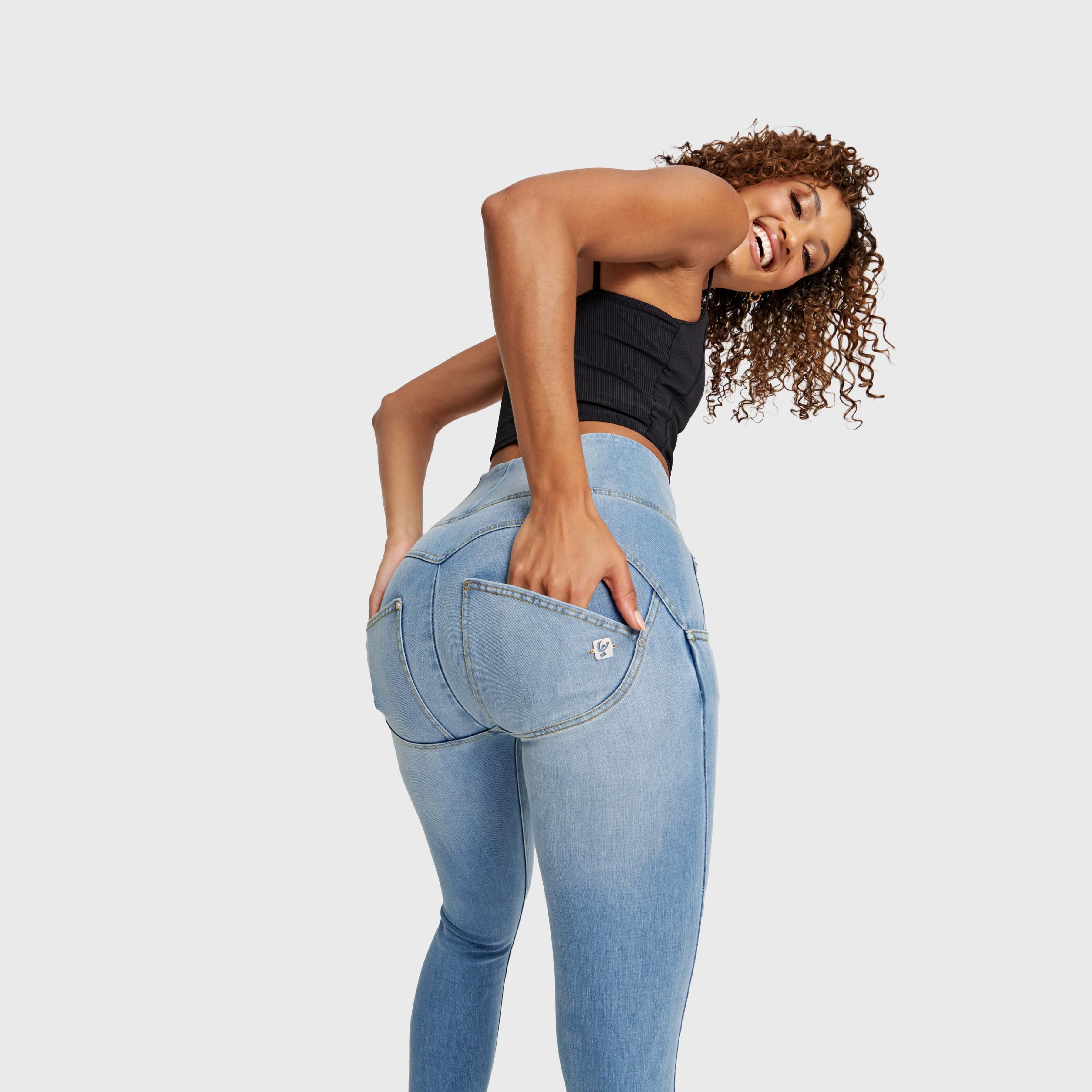 WR.UP® Snug Distressed Jeans - High Waisted - Full Length - Light Blue + Yellow Stitching 2