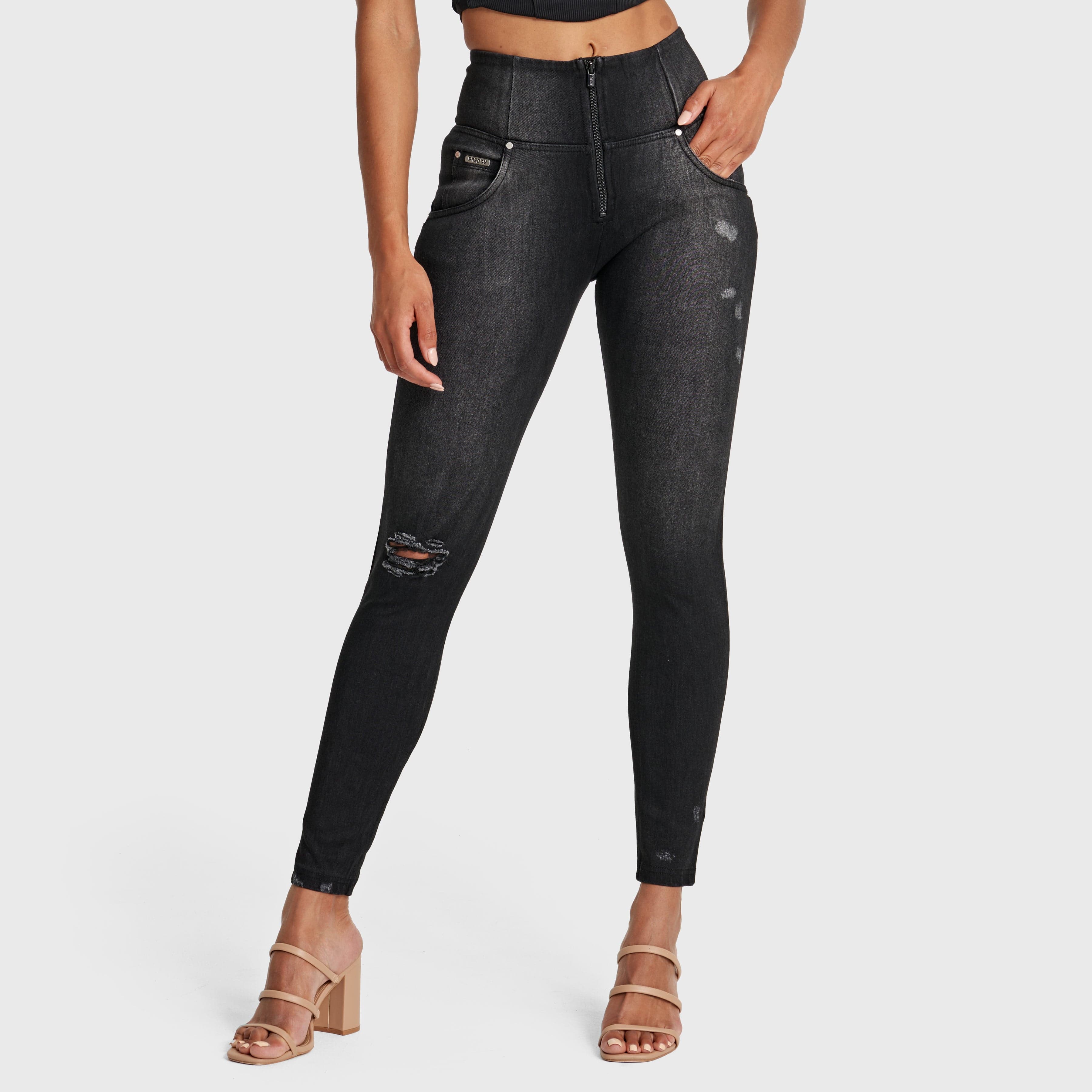 WR.UP® Snug Distressed Jeans - High Waisted - 7/8 Length - Black + Black Stitching 2
