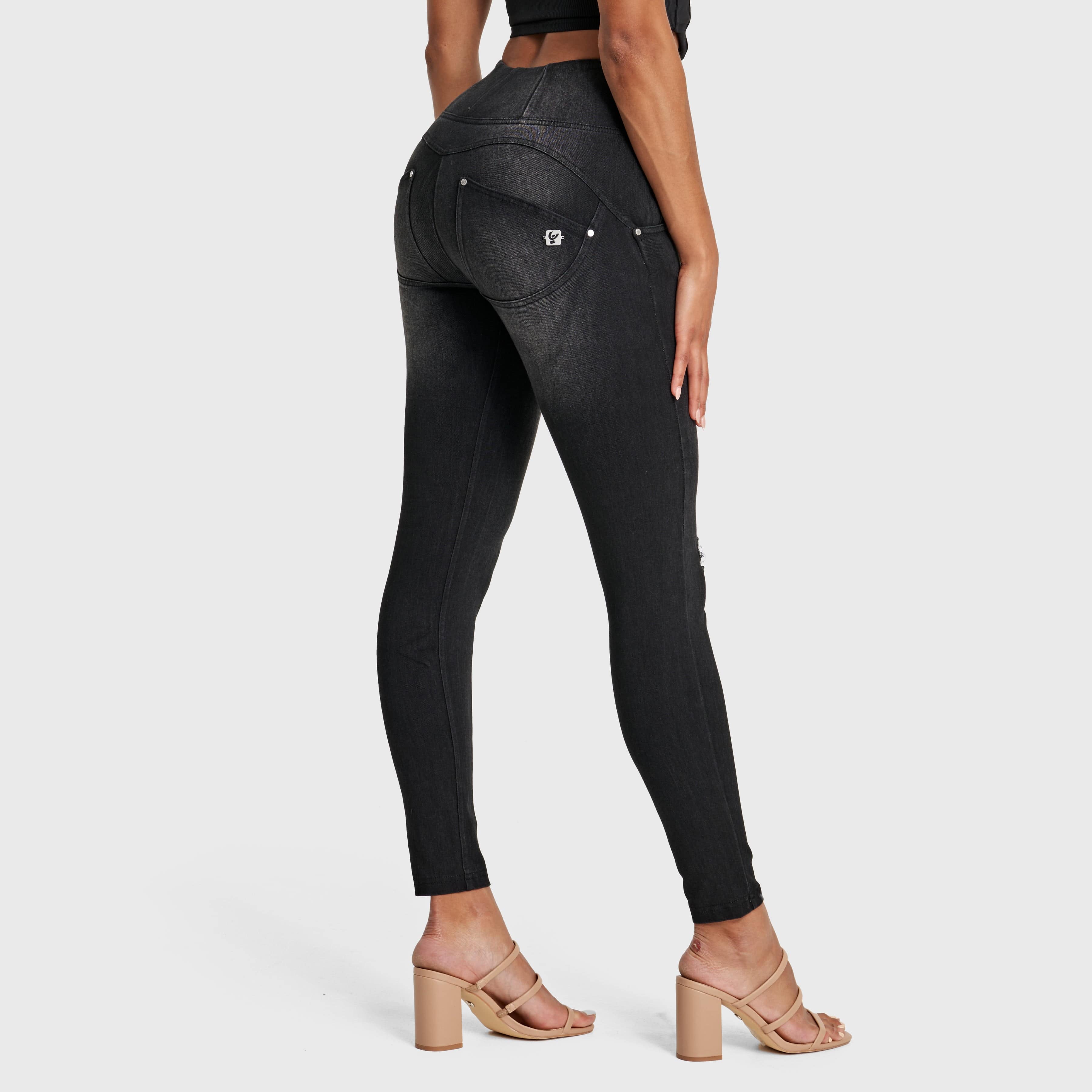 WR.UP® Snug Distressed Jeans - High Waisted - 7/8 Length - Black + Black Stitching 1