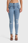 WR.UP® Snug Distressed Jeans - High Waisted - Full Length - Light Blue + Blue Stitching 2
