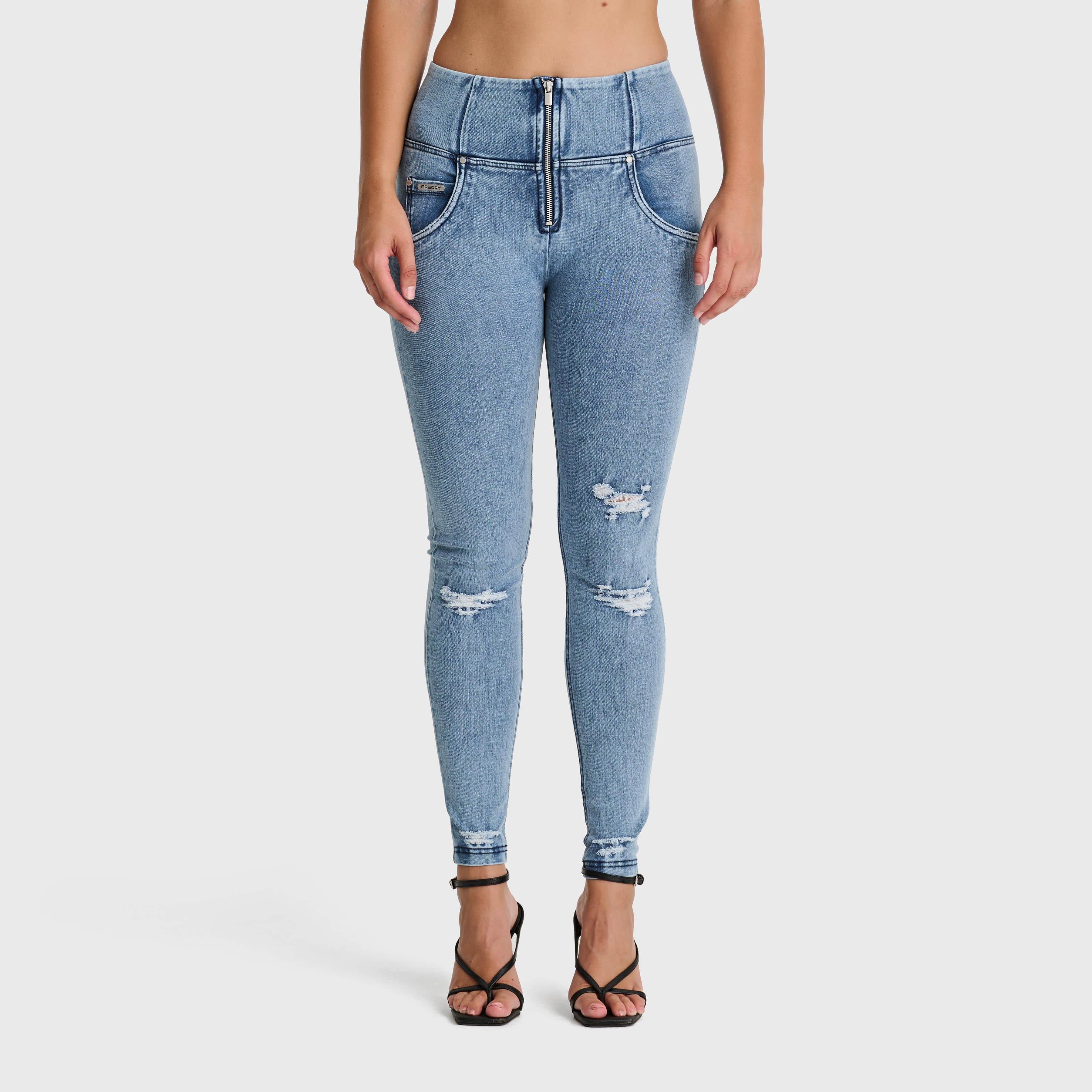 WR.UP® Snug Distressed Jeans - High Waisted - Full Length - Light Blue + Blue Stitching 2