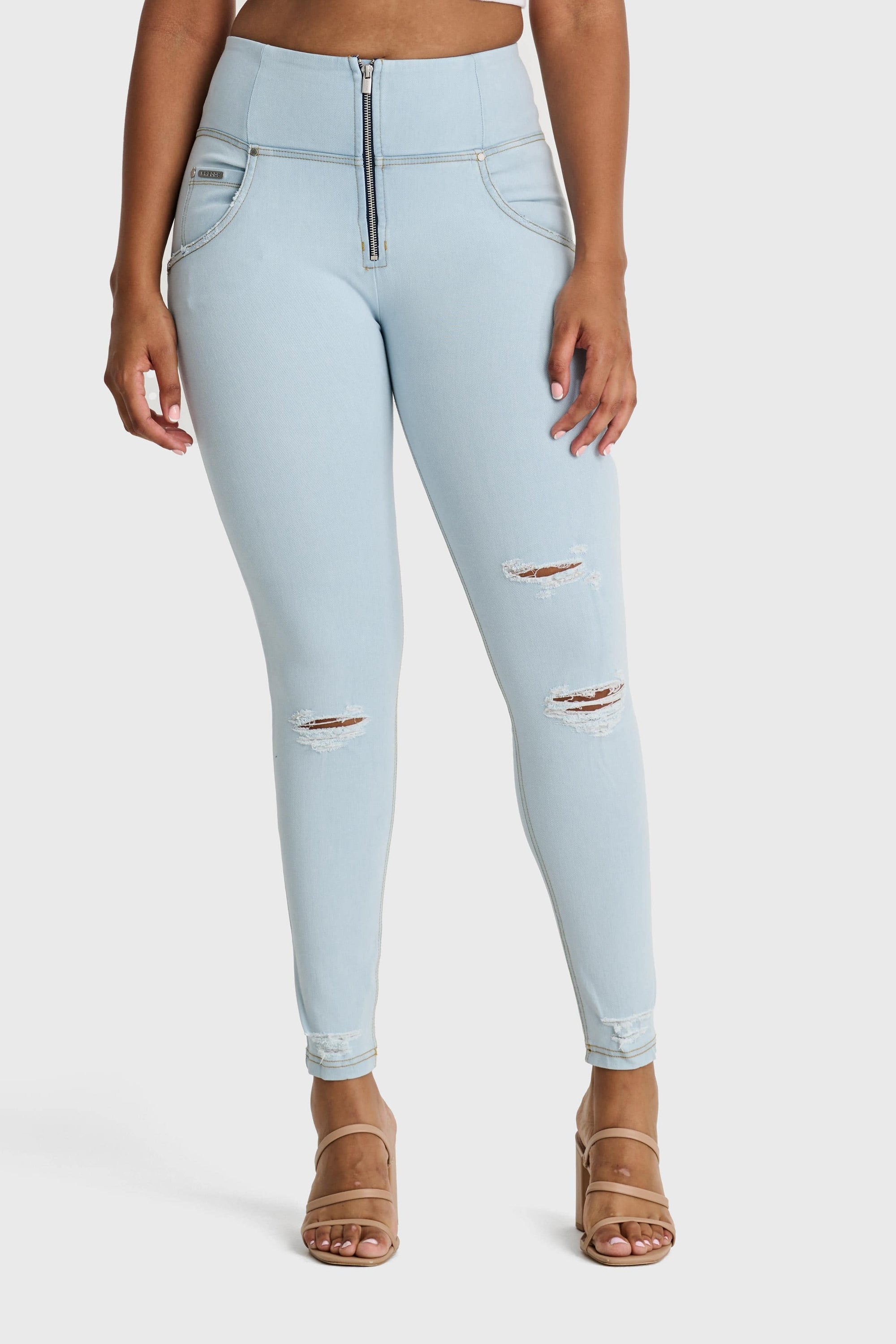 WR.UP® Snug Distressed Jeans - High Waisted - Full Length - Baby Blue + Yellow Stitching 2