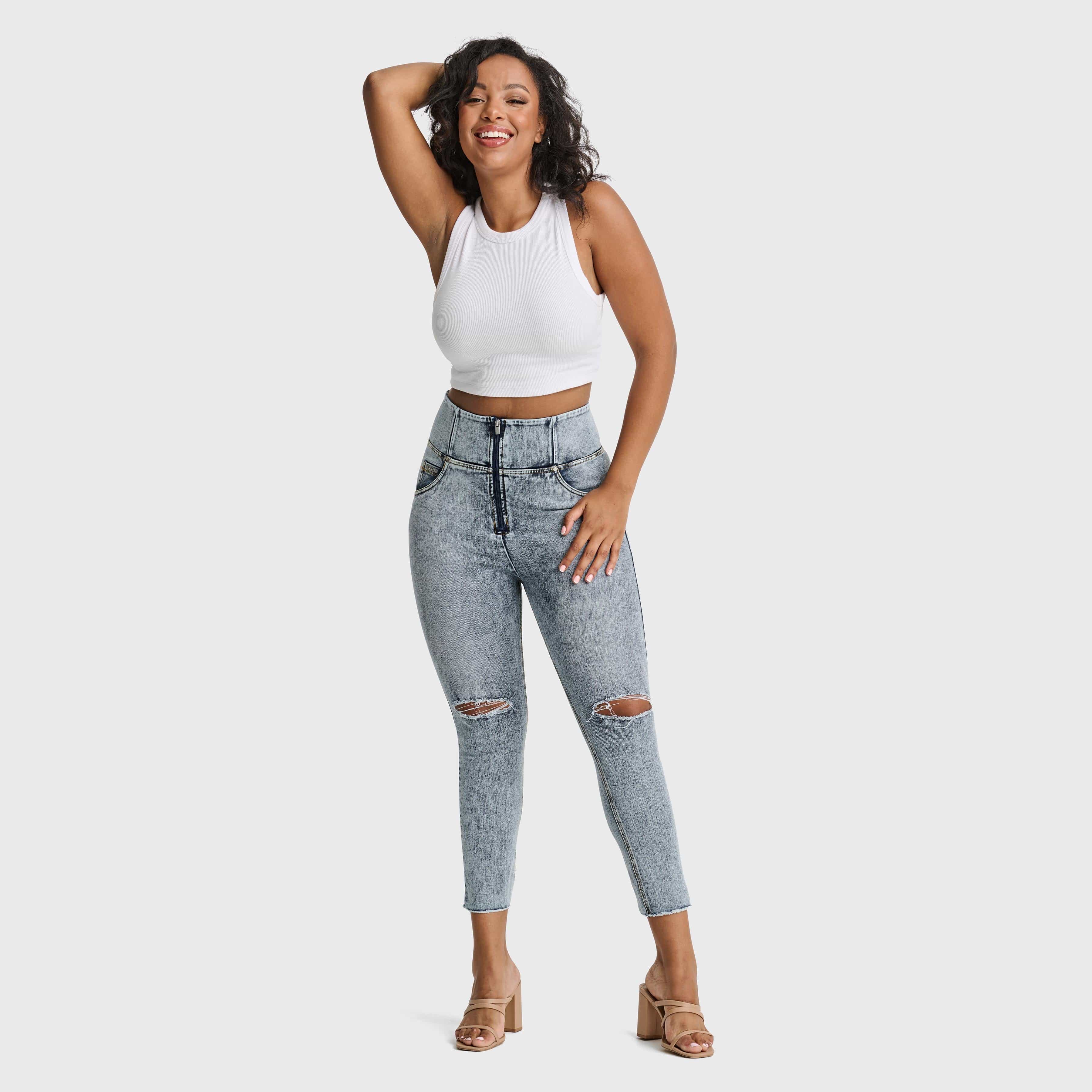 WR.UP® Snug Curvy Ripped Jeans - High Waisted - 7/8 Length - Blue Stonewash + Yellow Stitching 3