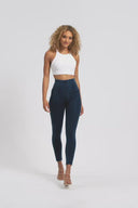 WRUP Denim With Front Pockets - Super High Waisted - 7/8 Length - Dark Blue + Blue Stitching