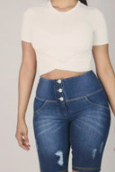 WRUP Distressed Denim - High Waisted - Biker Shorts - Dark Blue + Yellow Stitching