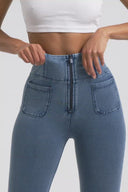 WRUP Denim With Front Pockets - Super High Waisted - 7/8 Length - Light Blue + Blue Stitching