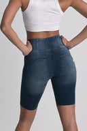 WRUP Denim - High Waisted - Biker Shorts - Dark Blue + Blue Stitching