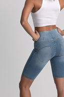 WRUP Denim - High Waisted - Biker Shorts - Light Blue + Yellow Stitching