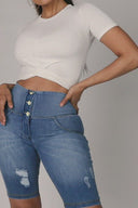 WRUP Distressed Denim - High Waisted - Biker Shorts - Light Blue + Yellow Stitching